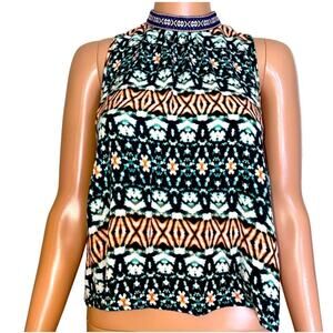 Love Culture black & white halter top sleeveless beaded neckline top SZ M Indian